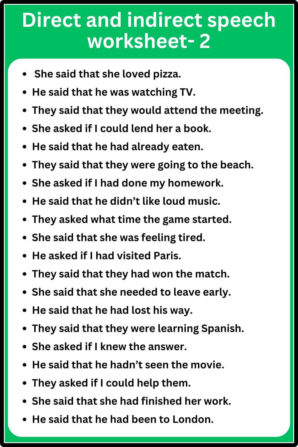 Direct And Indirect Speech Worksheet