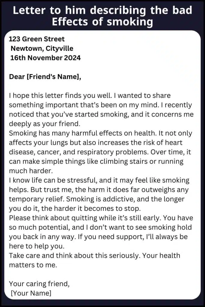 Letter to him describing the bad effects of smoking