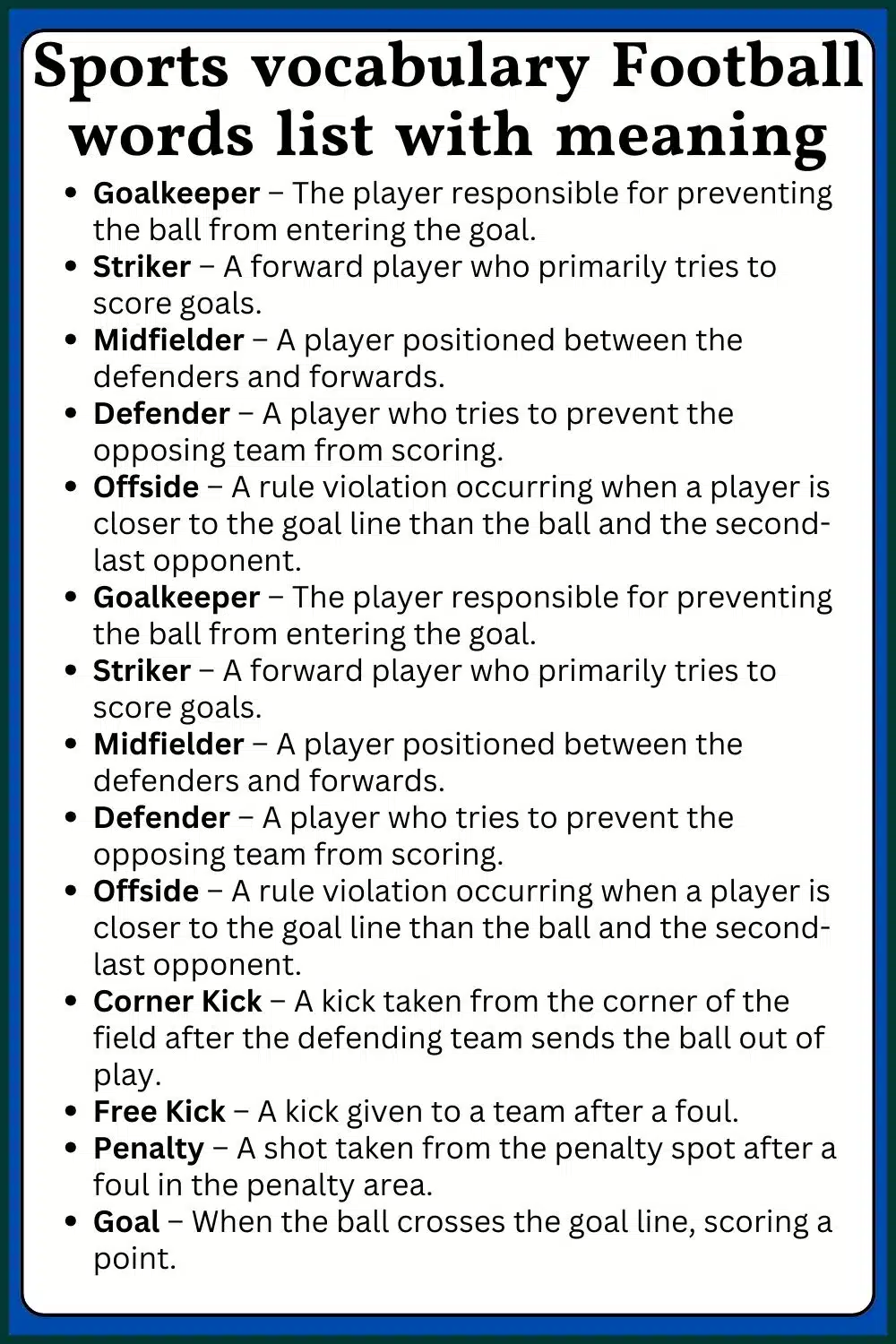 Sports vocabulary Football words list with meaning