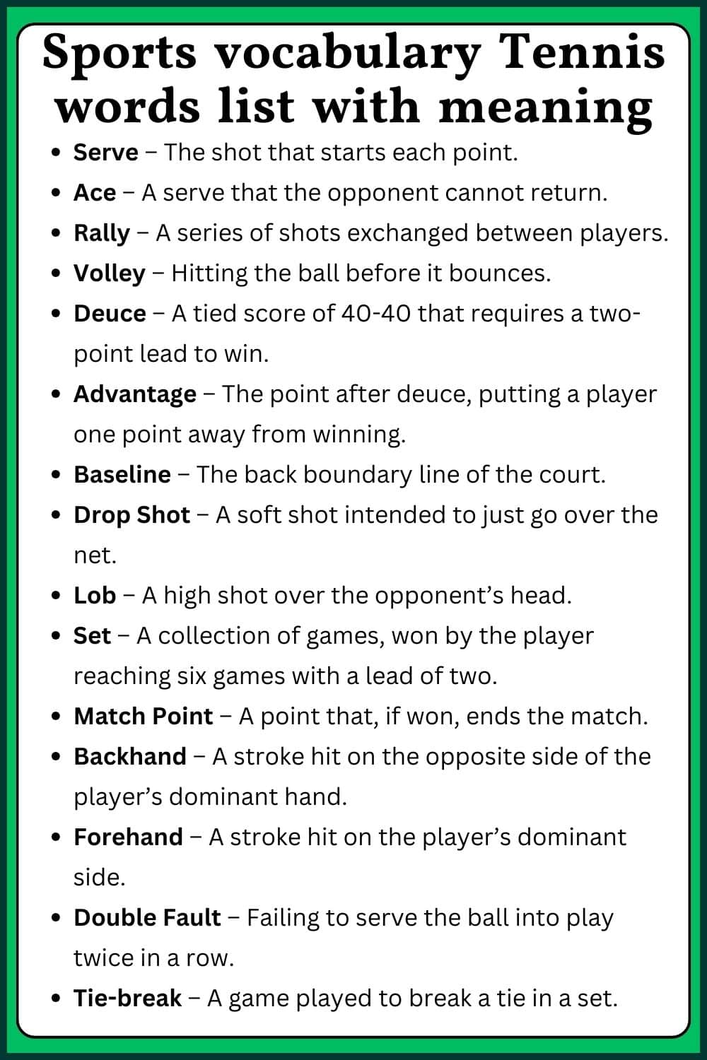 Sports vocabulary Tennis words list with meaning