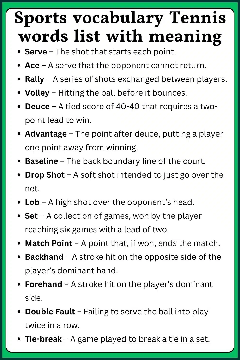 Sports vocabulary Tennis words list with meaning