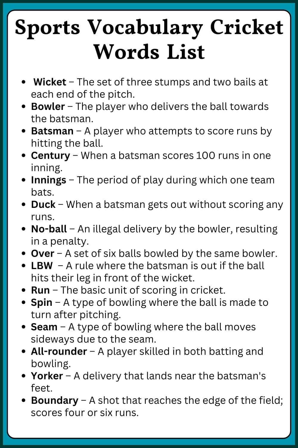 Sports vocabulary cricket words list