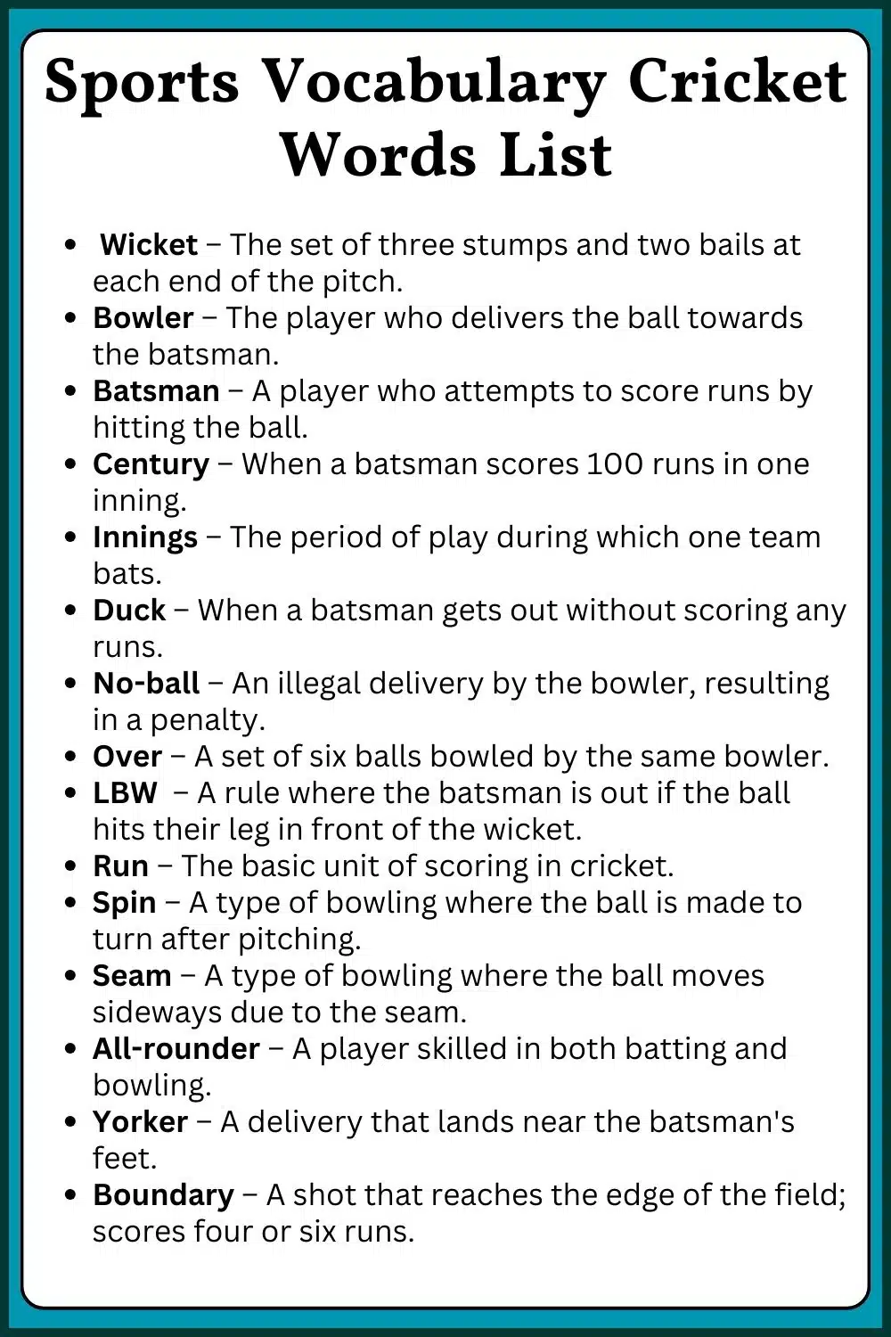 Sports vocabulary cricket words list
