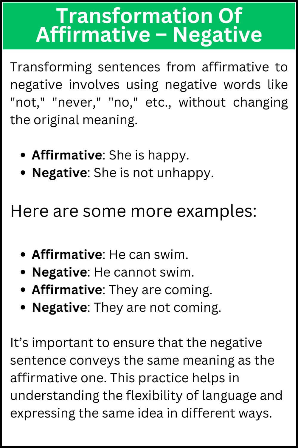 Transformation Of Affirmative – Negativ