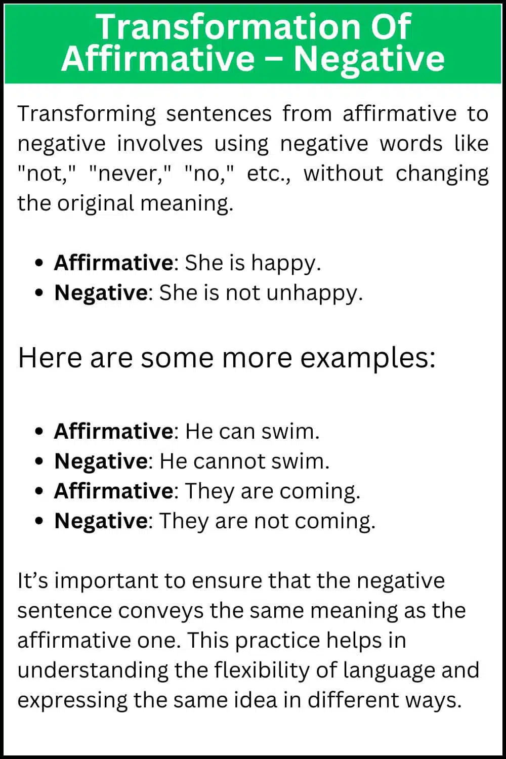 Transformation Of Affirmative – Negativ