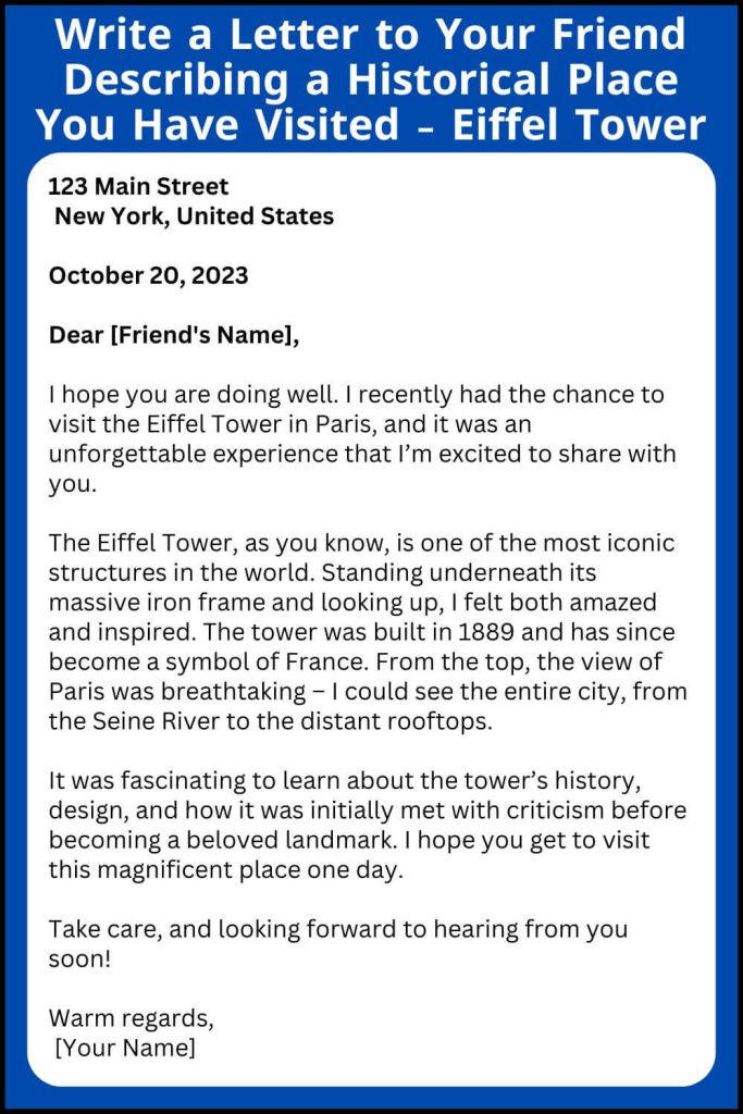 Write a Letter to Your Friend Describing a Historical Place You Have Visited