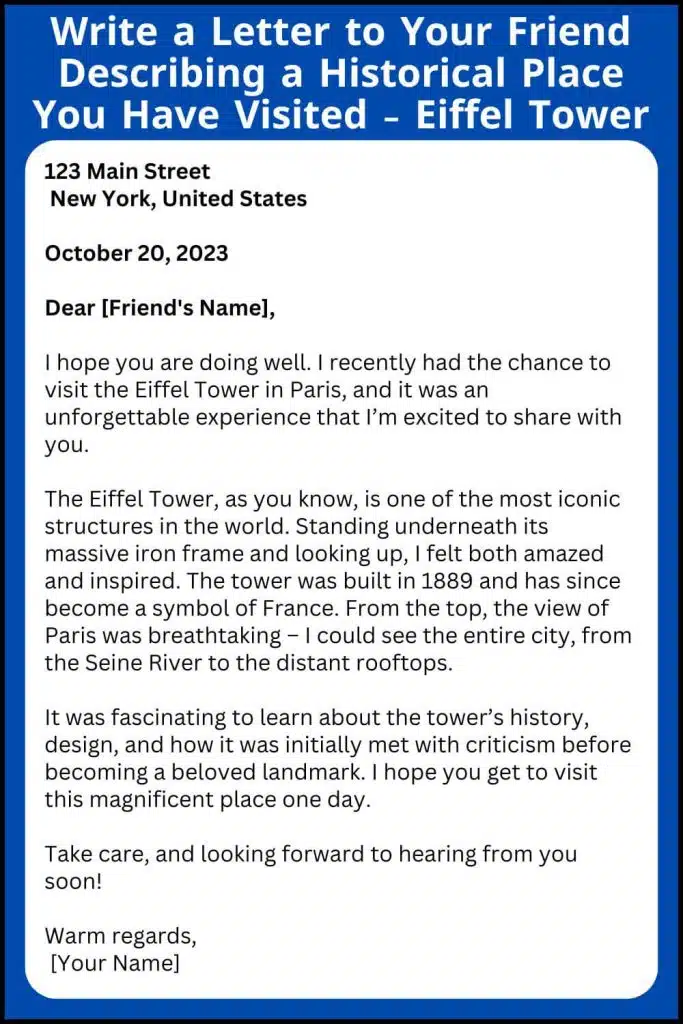 Write a Letter to Your Friend Describing a Historical Place You Have Visited