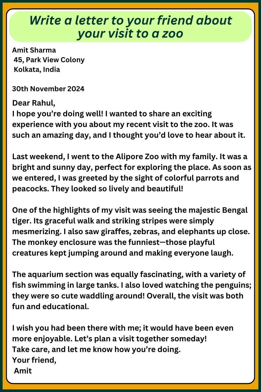 letter to your friend about your visit to a zoo