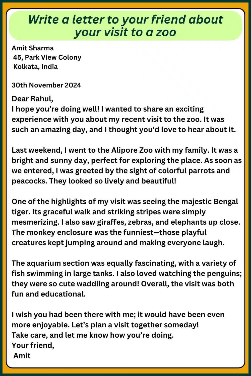 letter to your friend about your visit to a zoo