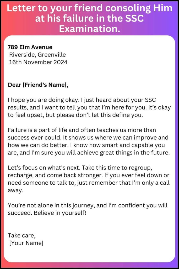 Letter to console friend for her failure in examination