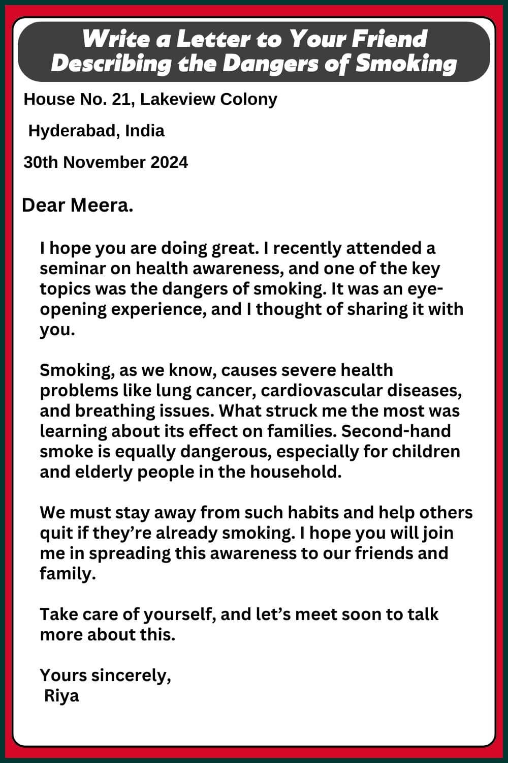 Letter to Your Friend Describing the Dangers of Smoking