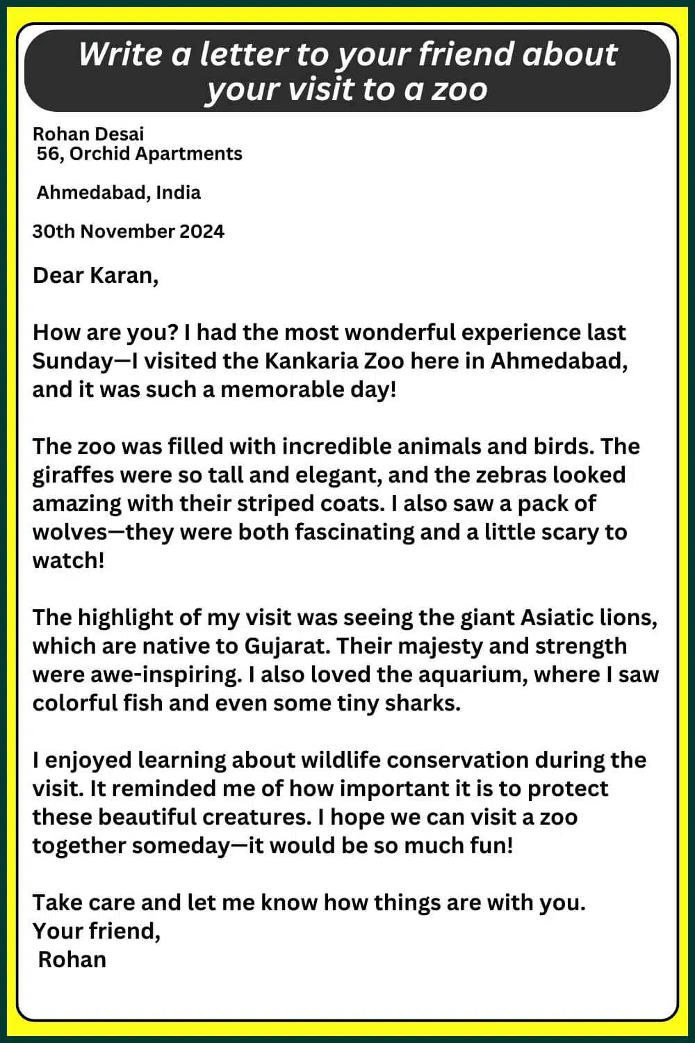 Letter to your friend about your visit to a zoo