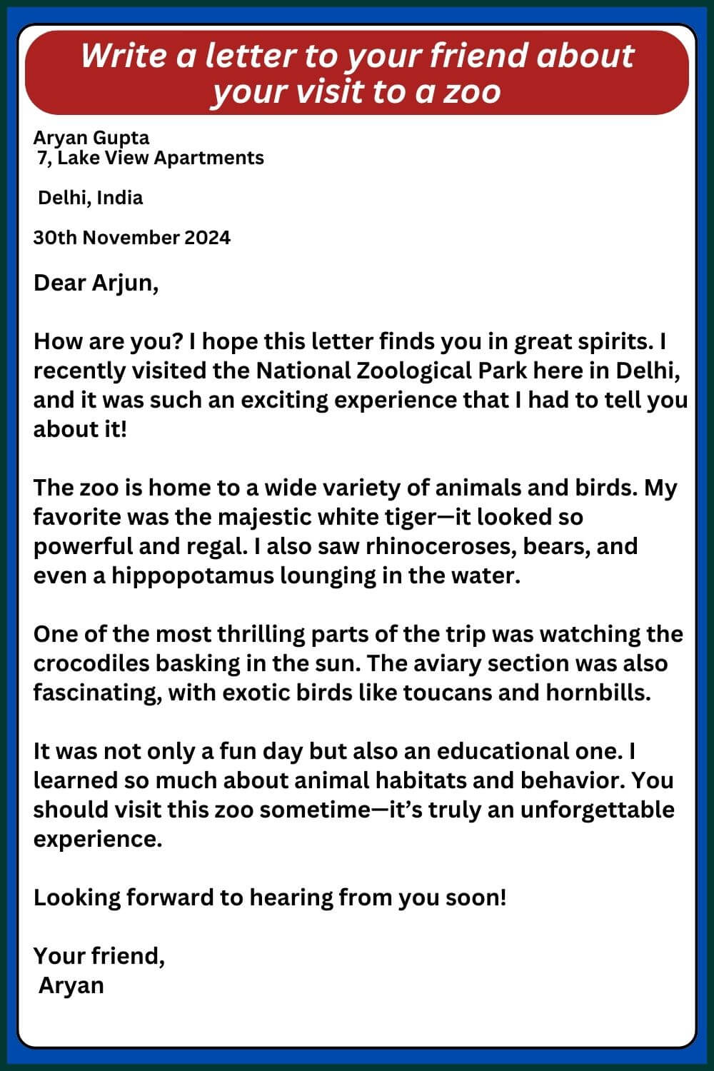 letter to your friend about your visit to a zoo