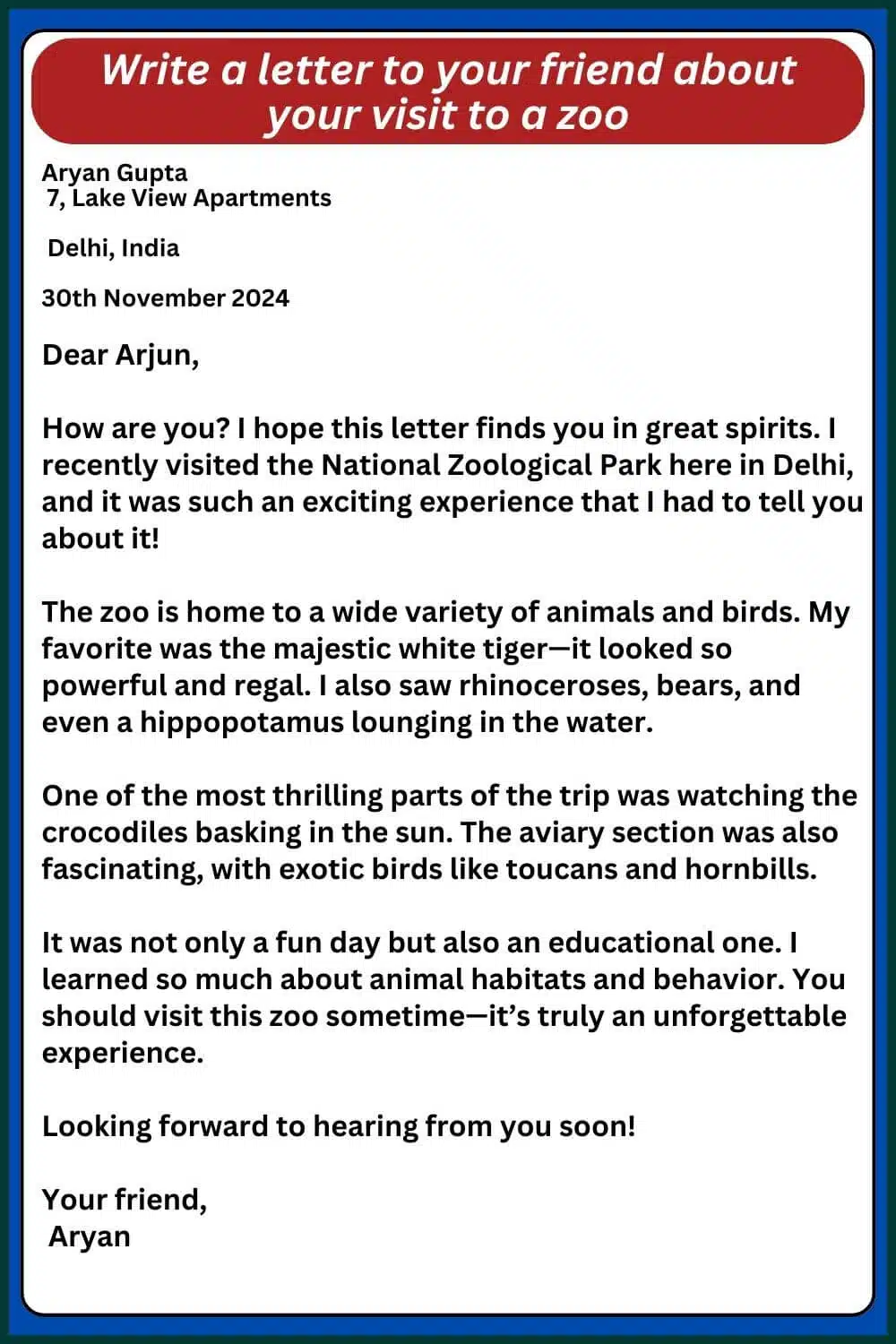 letter to your friend about your visit to a zoo