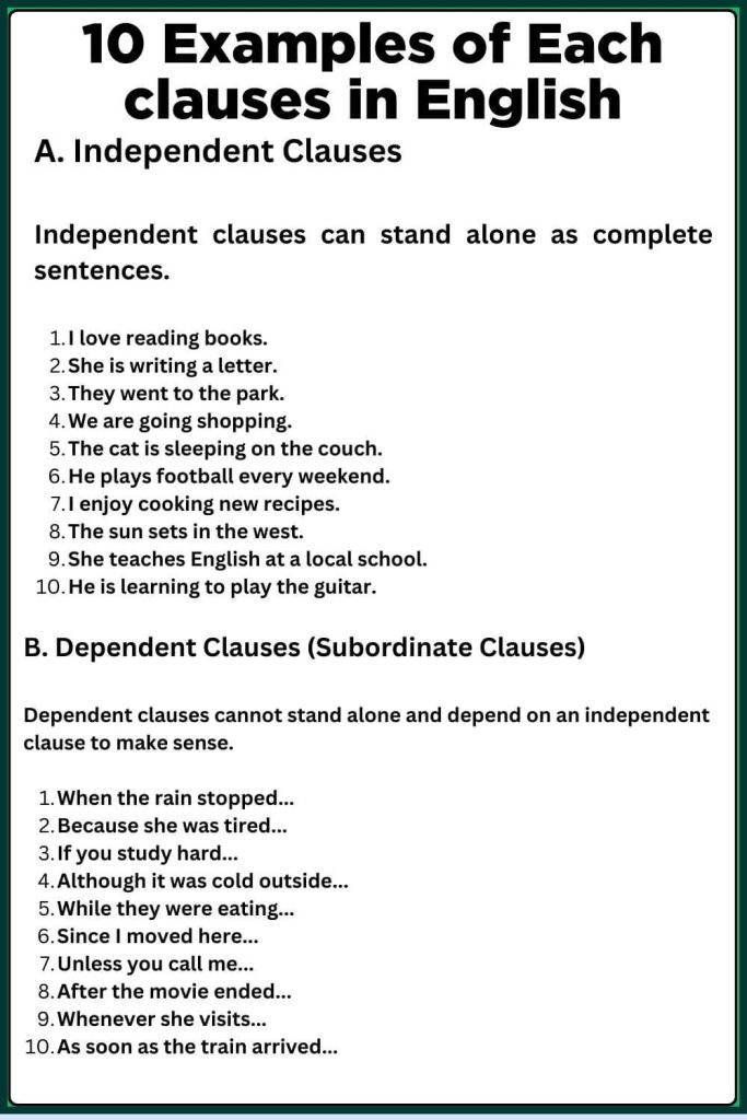 10 Examples of Each clauses in English