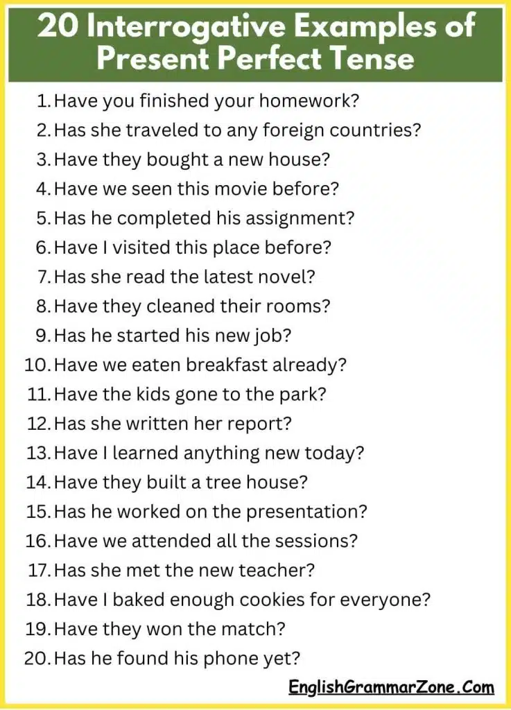 20 Interrogative Examples of Present Perfect Tense