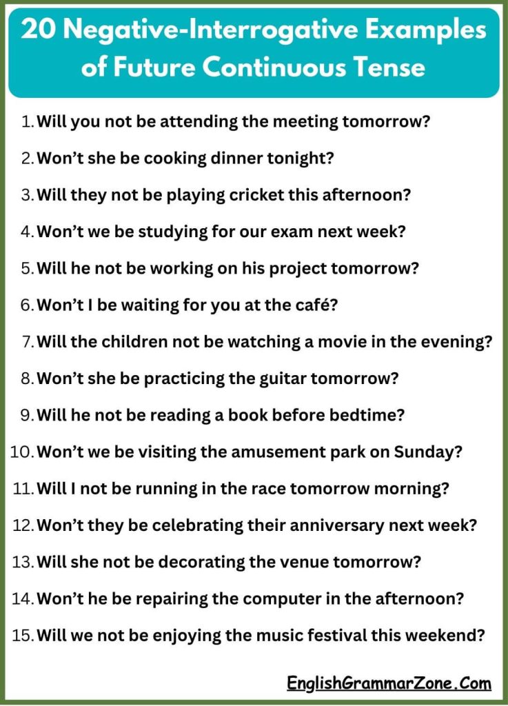 20 Negative-Interrogative Examples of Future Continuous Tense