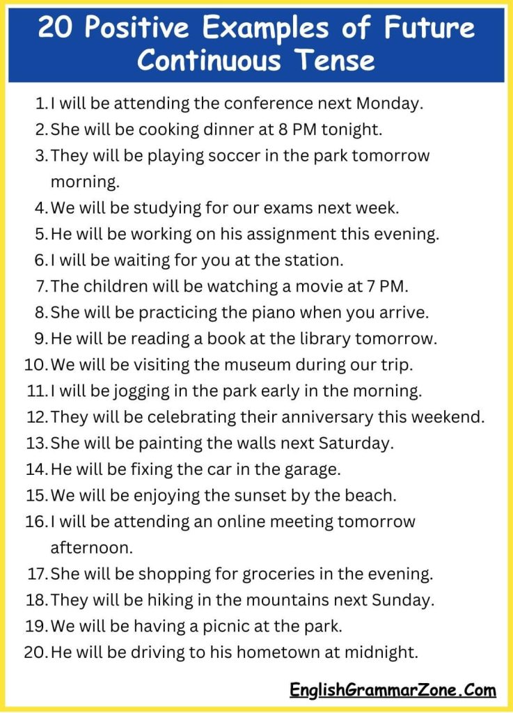 20 Positive Examples of Future Continuous Tense