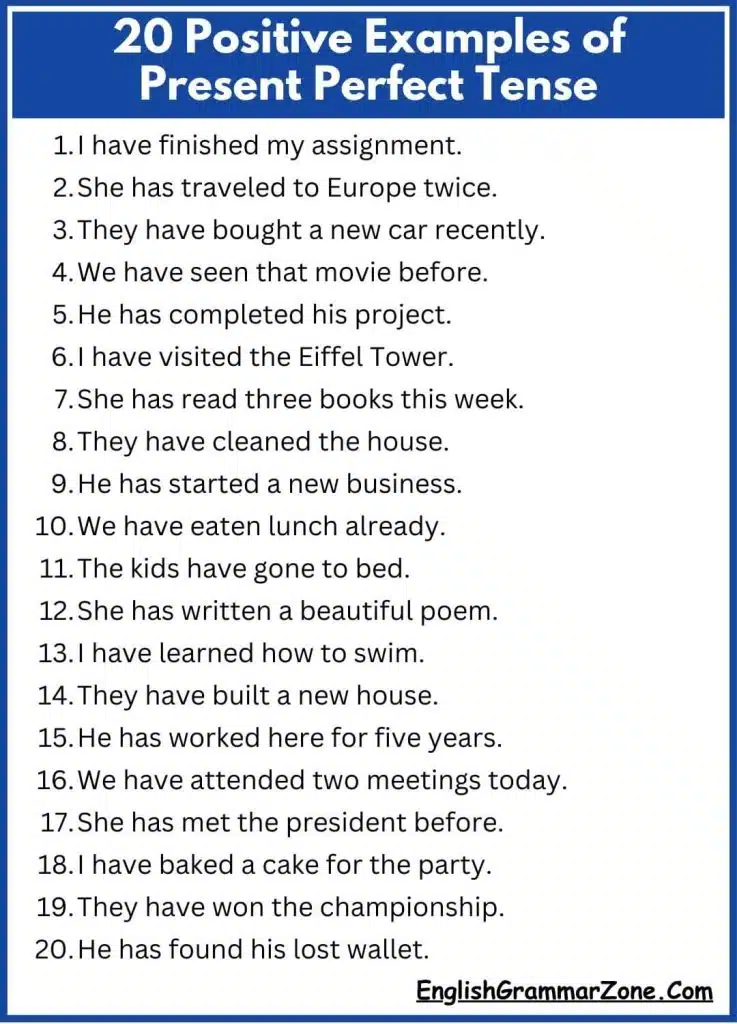 20 Positive Examples of Present Perfect Tense