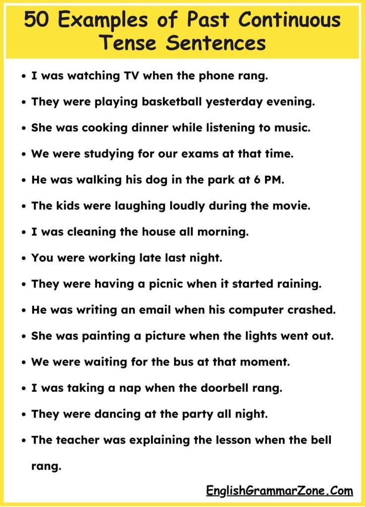 50 Examples of Past Continuous Tense Sentences