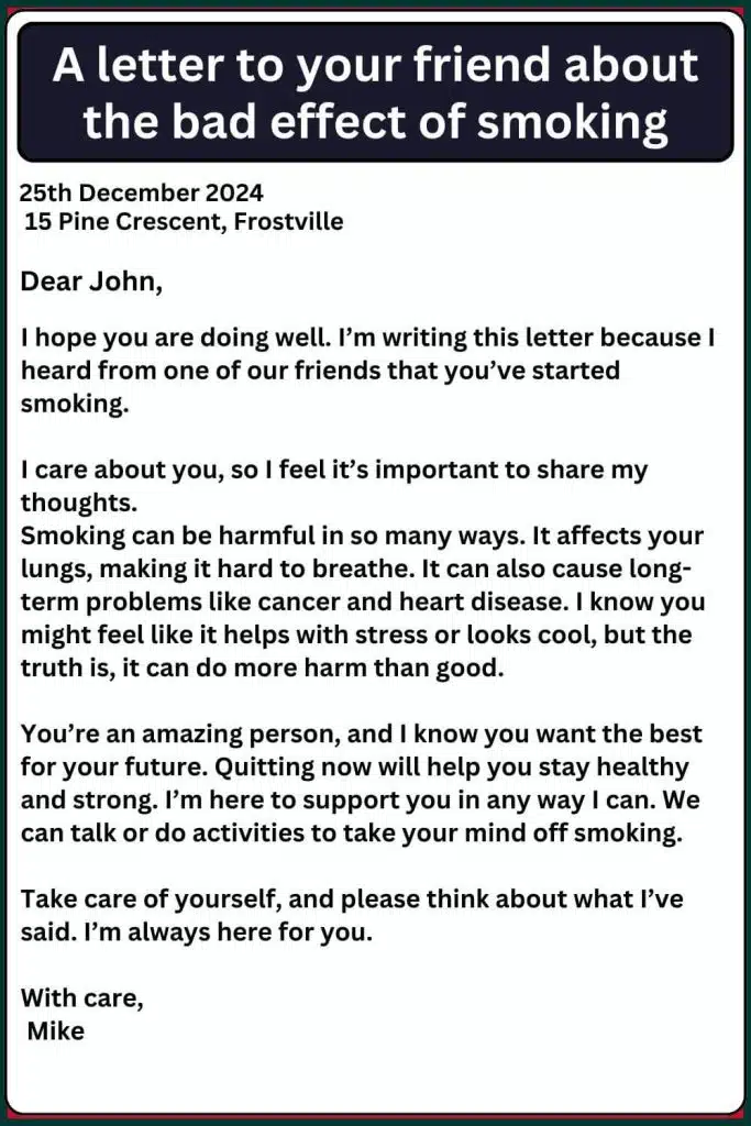 A letter to your friend about the bad effect of smoking