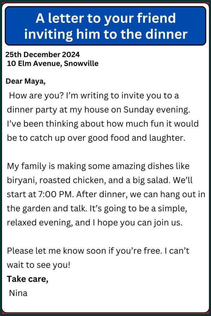 A letter to your friend inviting him to the dinner sample