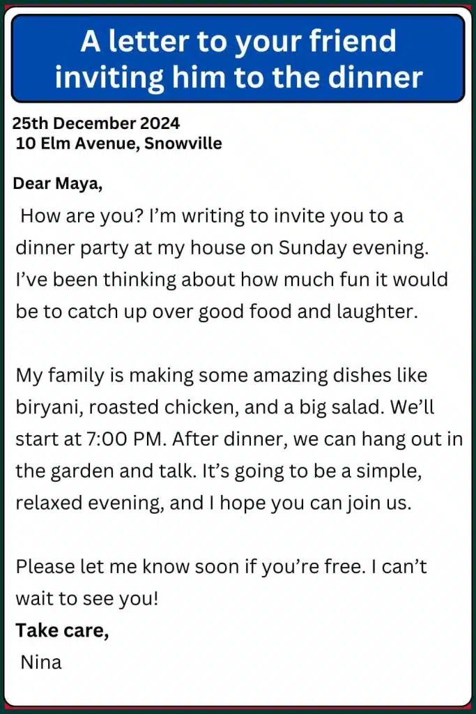 A letter to your friend inviting him to the dinner sample