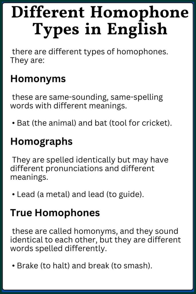 Different Homophone Types in English