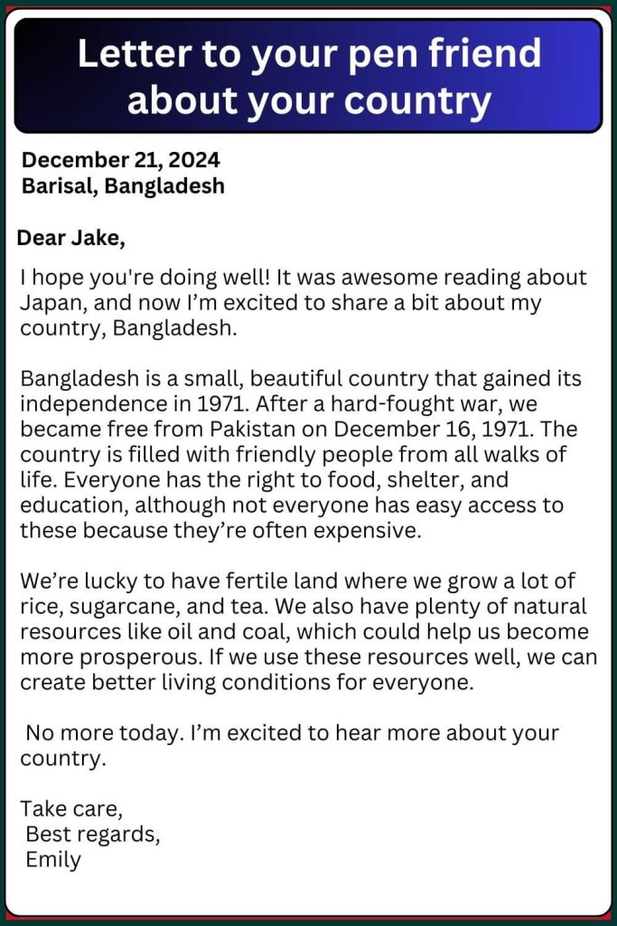 Letter to your pen friend about your country in english