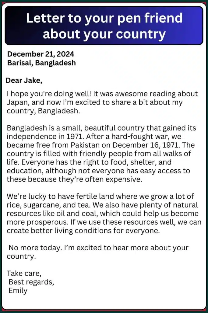Letter to your pen friend about your country in english