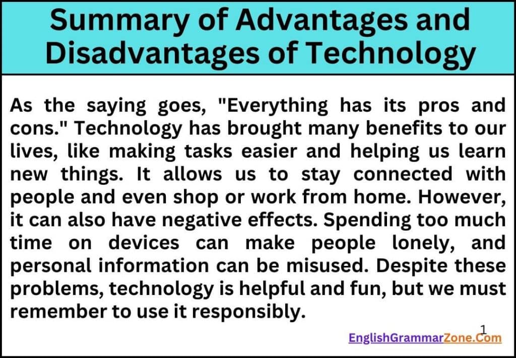 Summary of Advantages and Disadvantages of Technology