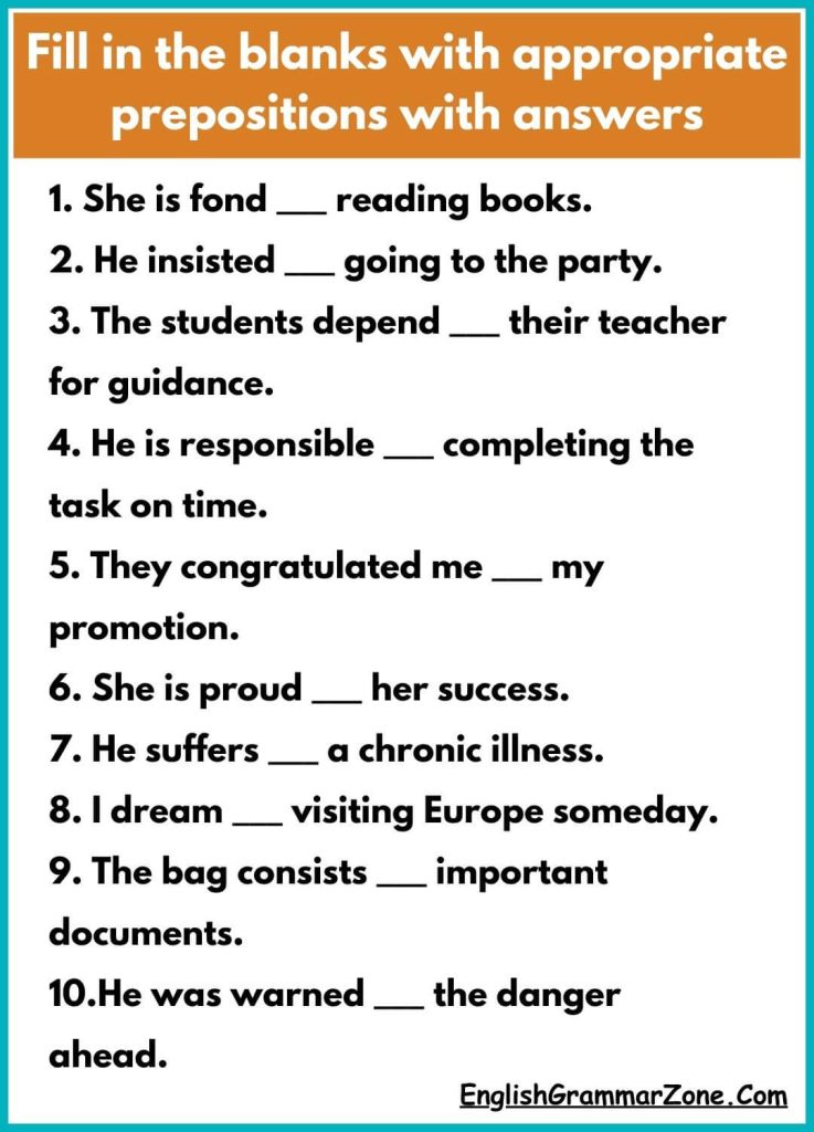 fill in the blanks with appropriate prepositions with answers