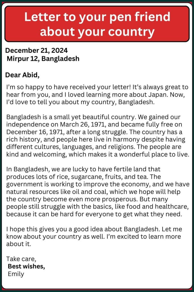 letter to your pen friend about your country