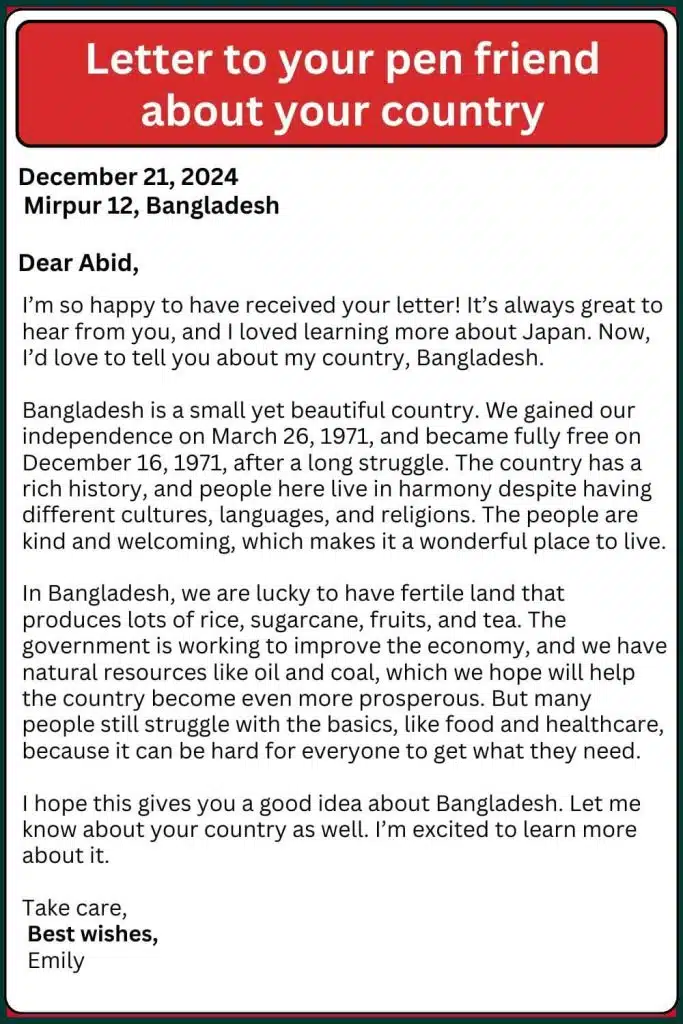 letter to your pen friend about your country