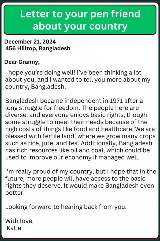write a letter to your pen-friend about your country