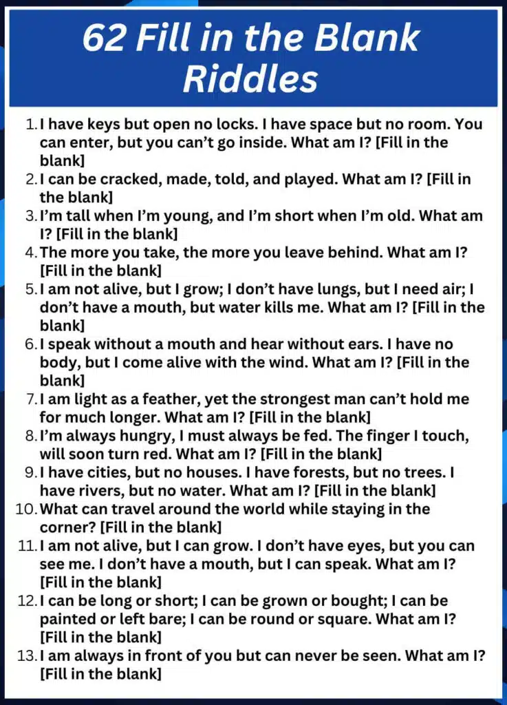 62 fill in the blank riddles with answers