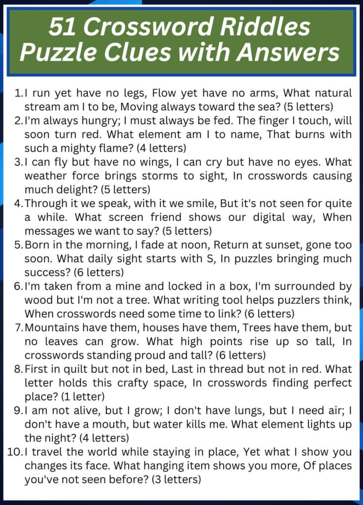 Crossword Riddles Puzzle Clues with Answers