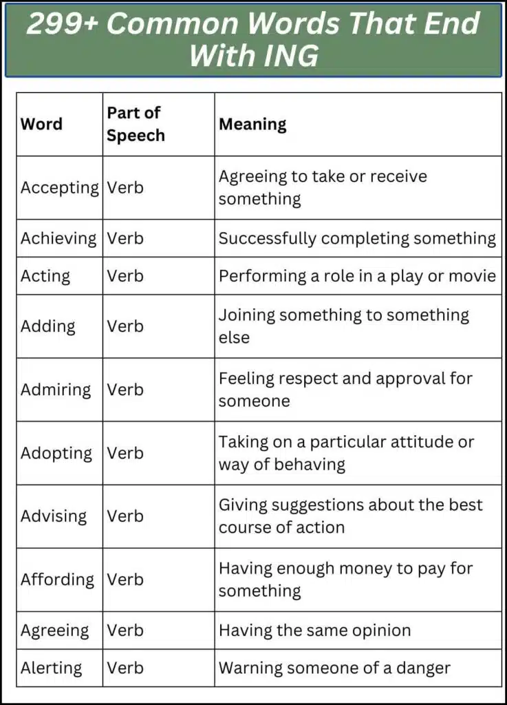 299+ Common Words That End With ING