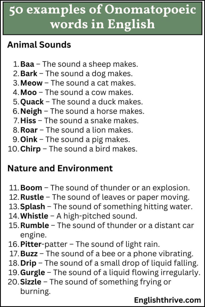 50 examples of Onomatopoeic words in English