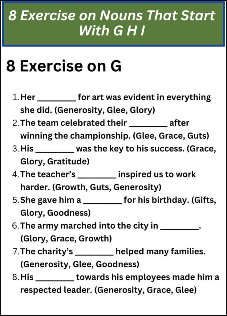 8 Exercise on Nouns That Start With G H I