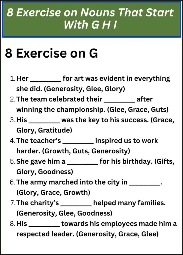 8 Exercise on Nouns That Start With G H I