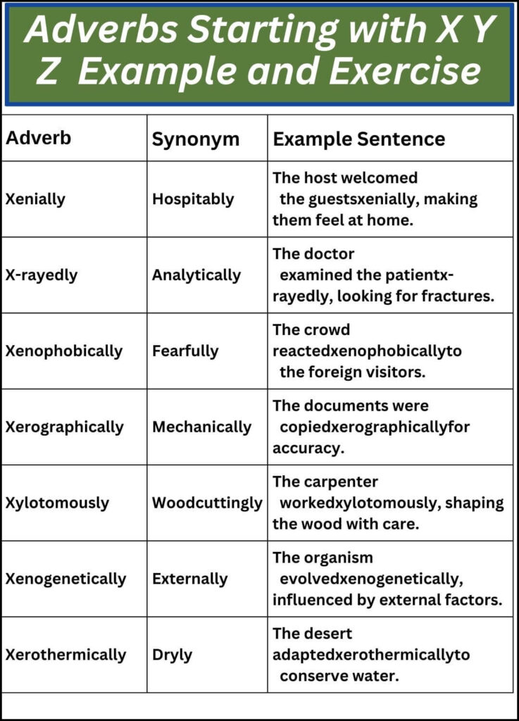 Adverbs Starting with X Y Z Example and Exercise