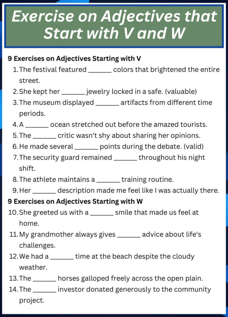 Exercise on Adjectives that Start with V and W