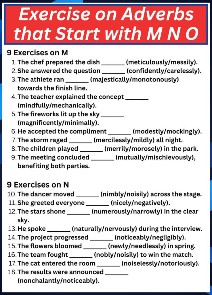 Exercise on Adverbs that Start with M N O