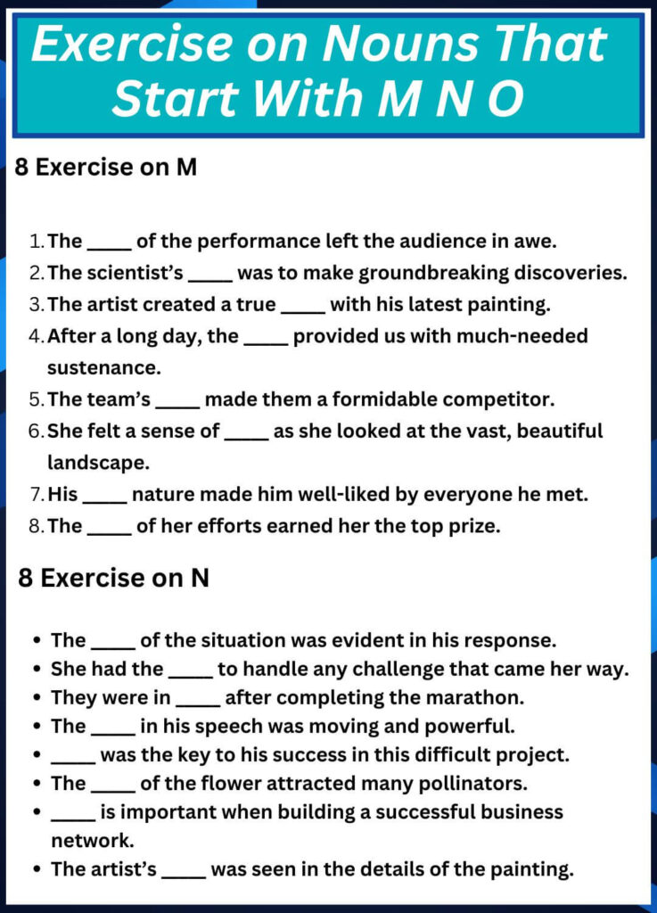 Exercise on Nouns That Start With M N O