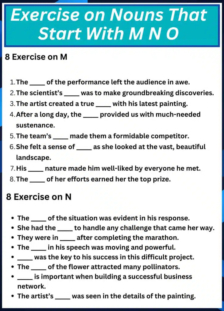 Exercise on Nouns That Start With M N O