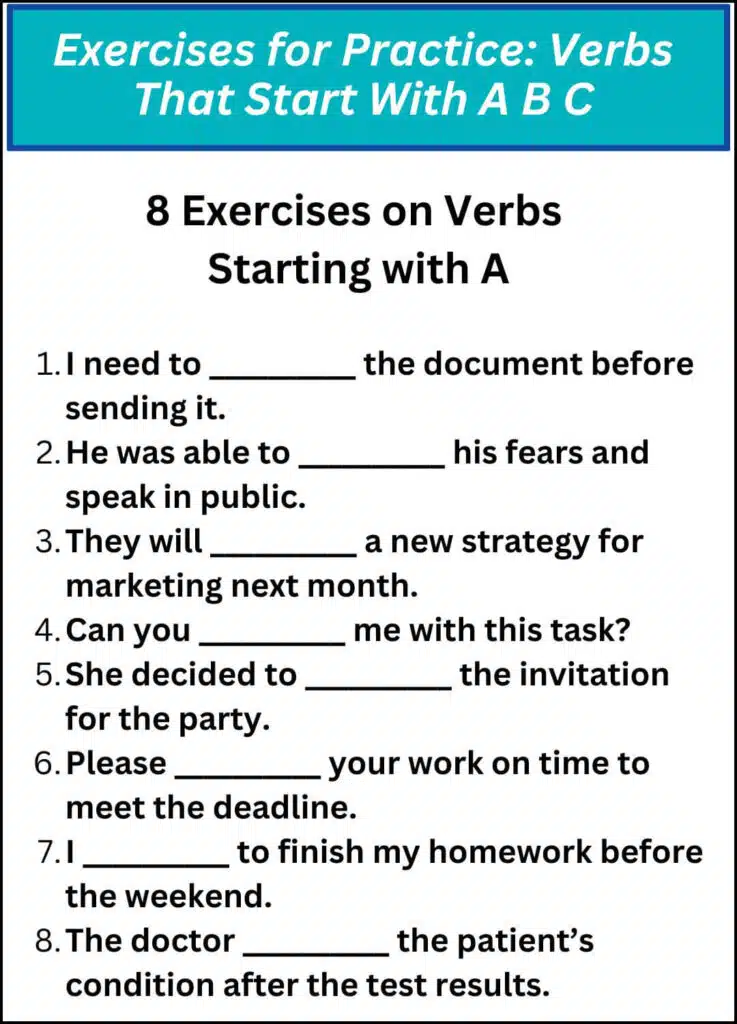 Exercises for Practice Verbs That Start With A B C