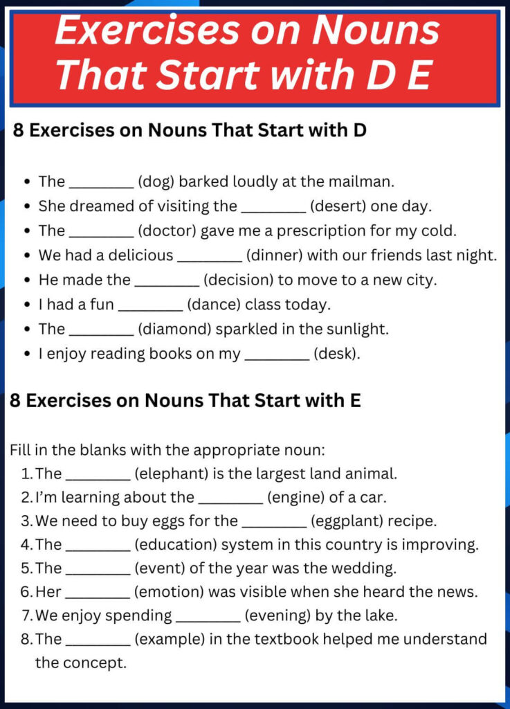 Exercises on Nouns That Start with D E F.