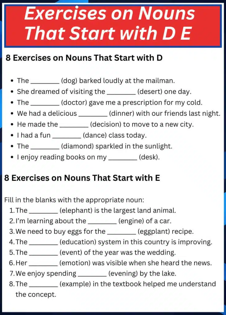 Exercises on Nouns That Start with D E F.