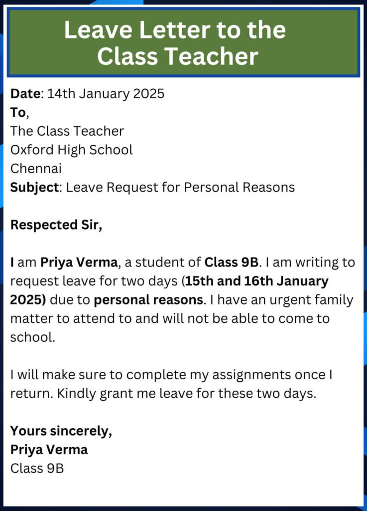Leave Letter to the Class Teacher